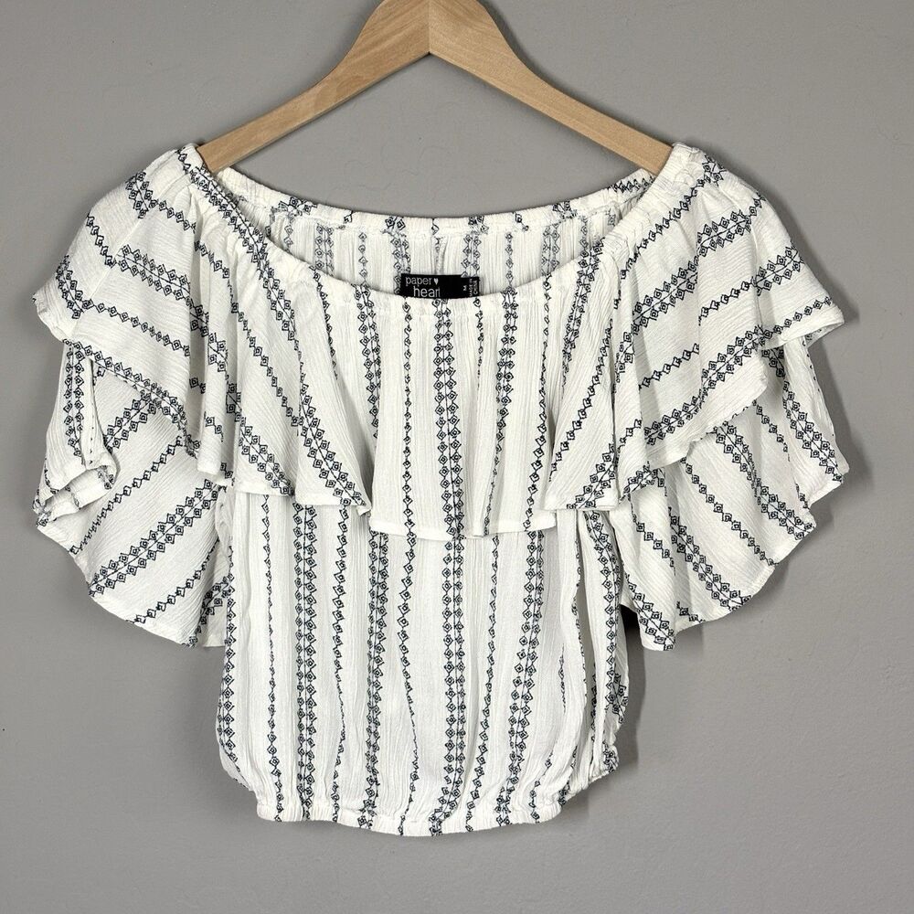 Paper Heart Top Womens M Ivory Blue Woven Stripe Ruffle Peasant Boho Festival